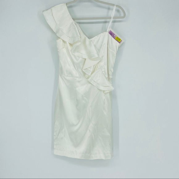 Hailey Logan Adrianna Papell White Cream One Shoulder Satin Ruffle Dress Large - Picture 3 of 10